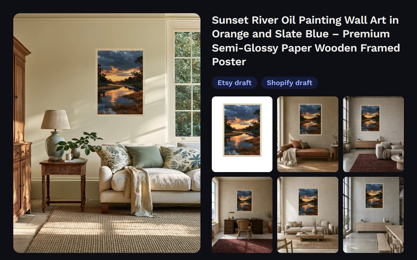 A finished print-on-demand listing: the sunset river painting as a wooden framed poster in six rooms around Gelato's own product shot, drafted to Etsy and Shopify