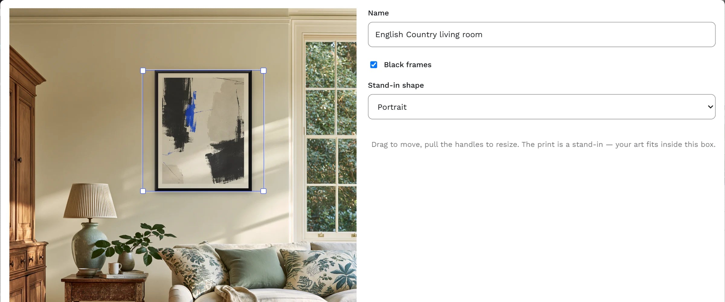 The placement editor: a black frame placed on the wall of a living-room mockup, ready to save