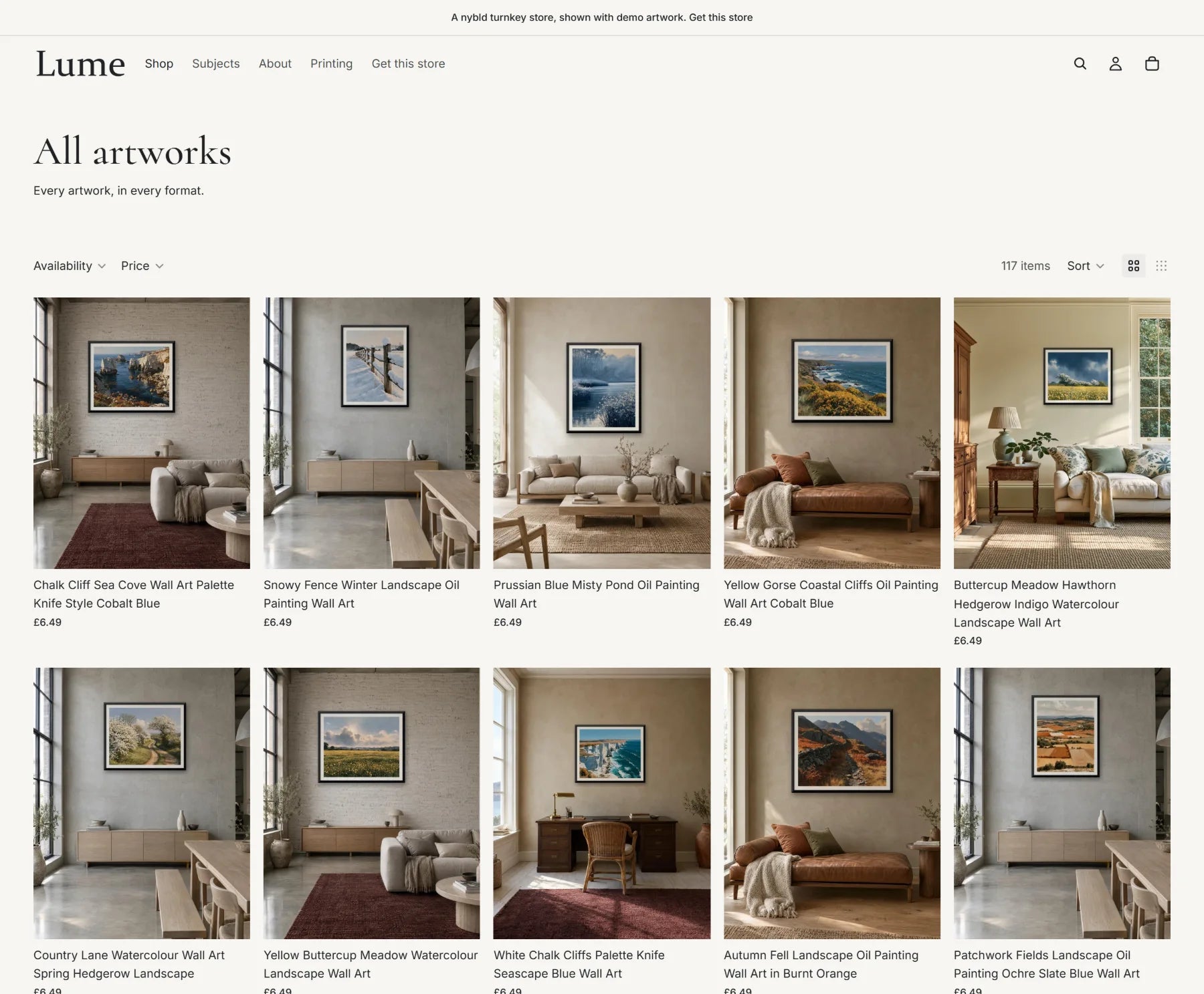 A finished turnkey store in the Lume design: All artworks, every artwork a product with its room mockup, title and price