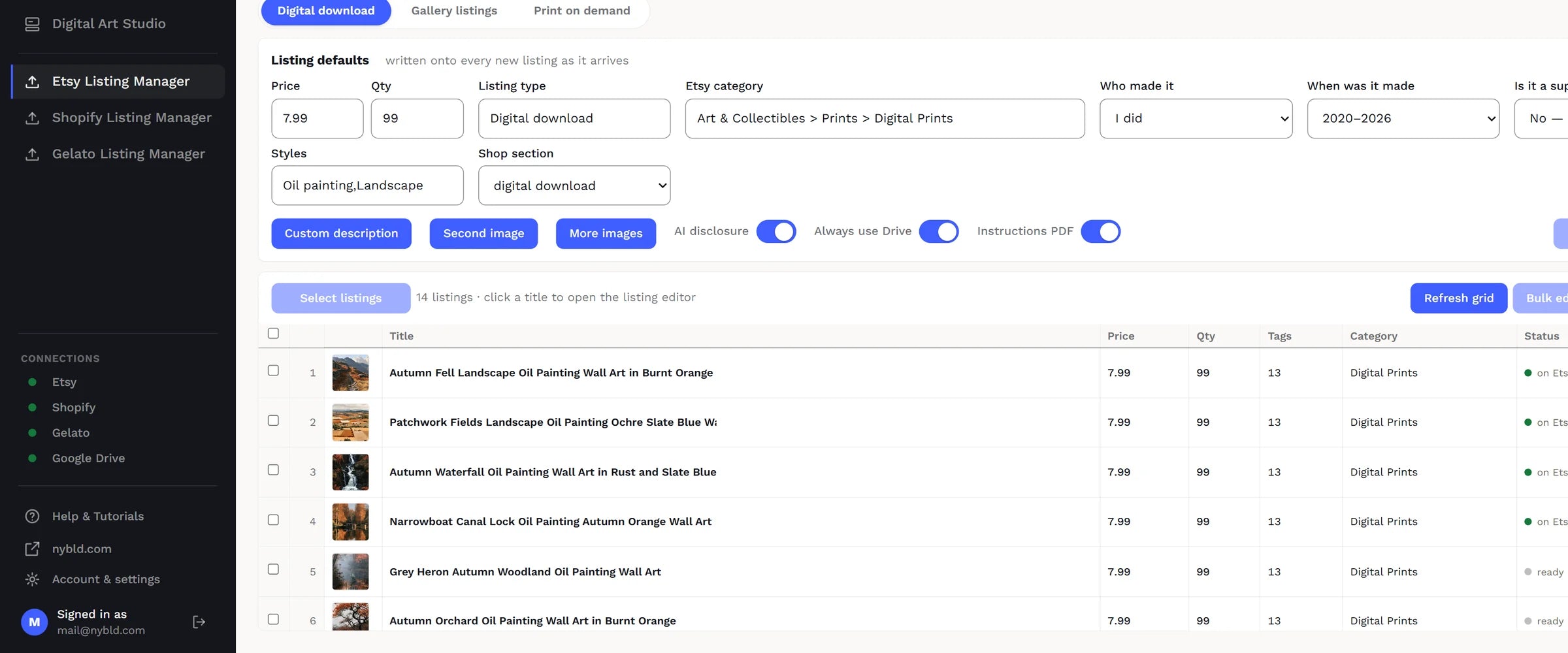The Etsy Listing Manager: finished listings waiting to be configured, reviewed and sent