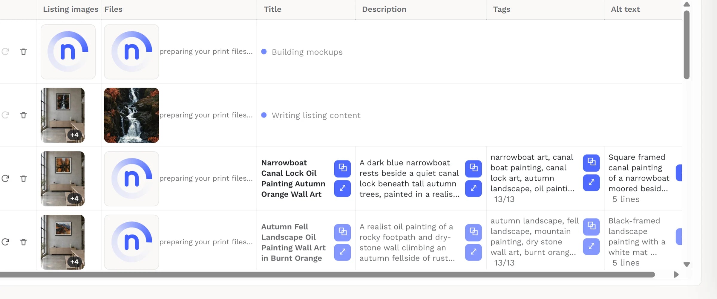 The Digital Art Studio during a build: listings filling with mockups and copy while the rest are still building