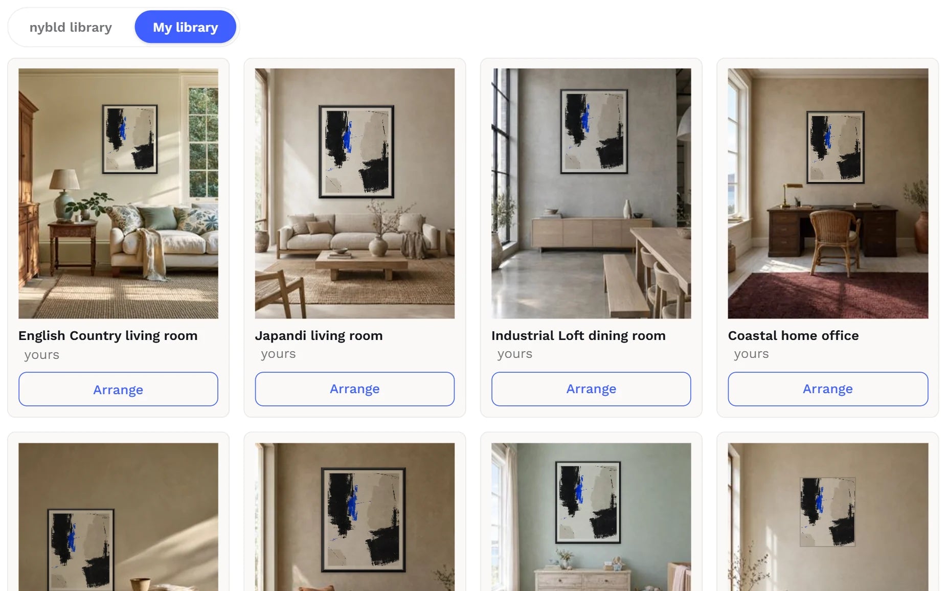 My library: mockups made in nybld, each ready to arrange and use on every listing